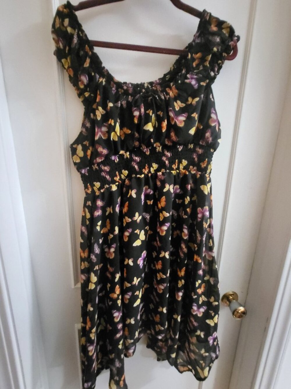 Lavon Butterfly Print Smocked Waist Hanky Hem Dress - Large
